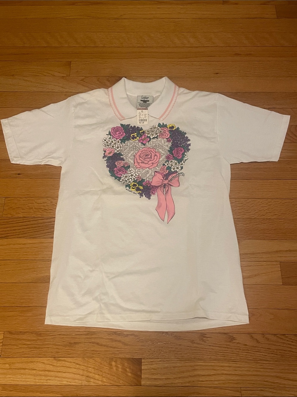 Vintage single stitch 90s t-shirt Floral Heart Pink Polo Top Grandmacore M